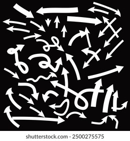 Charcoal arrows vector icons set. Hand drawn freehand different curved lines, swirls arrows. Doodle marker drawing, black chalk smears.