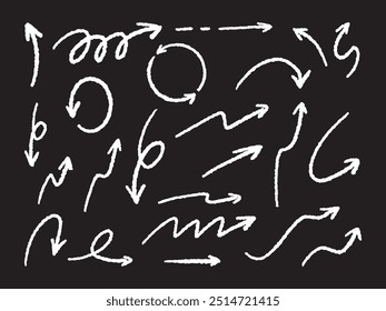 Charcoal arrows vector icons set. Hand drawn freehand different curved lines, swirls arrows. Doodle drawing.