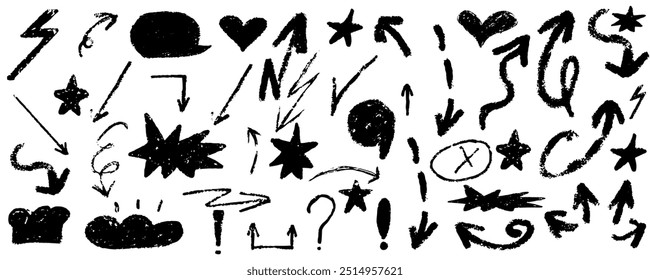 Charcoal arrows vector icons set. Arrows, ellipses, punctuation marks, direction pointers.Hand drawn freehand different curved lines, swirls arrows.