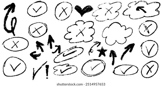 Charcoal arrows vector icons set. Arrows, ellipses, punctuation marks, direction pointers.Hand drawn freehand different curved lines, swirls arrows.