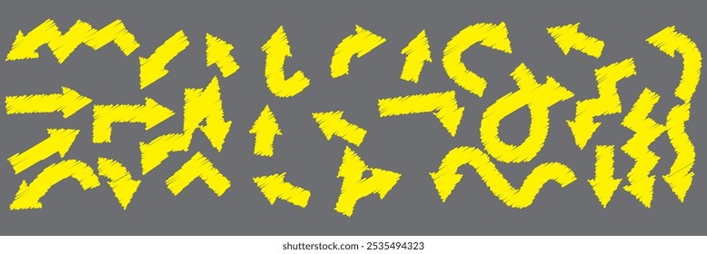 Charcoal arrows vector icons set. Hand drawn freehand different curved lines, swirls arrows. Doodle marker drawing, black chalk smears. Direction pointers. Scribbles and scrawls.