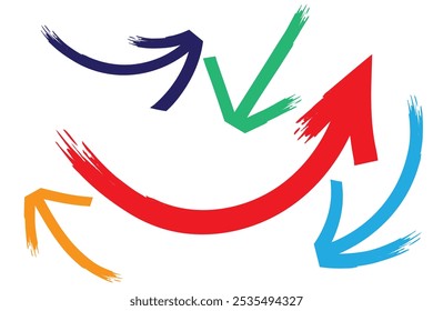 Conjunto de iconos de vectores de flechas de carbón. Dibujado a mano alzada diferentes líneas curvas, remolinos y flechas. Dibujo de marcador de Doodle, manchas de tiza negra. Punteros de dirección. Garabatos y garabatos.