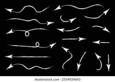 Charcoal arrows vector icons set. Hand drawn freehand different curved lines, swirls arrows. Doodle marker drawing, black chalk smears. Direction pointers. 