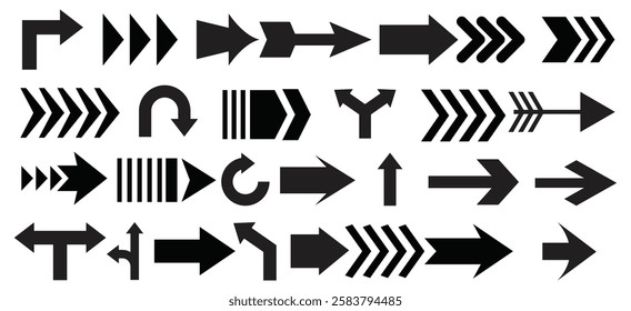 Charcoal arrows vector icons set. Hand drawn freehand different curved lines, swirls arrows. Doodle marker drawing, black chalk smears. Direction pointers. Scribbles and scrawls