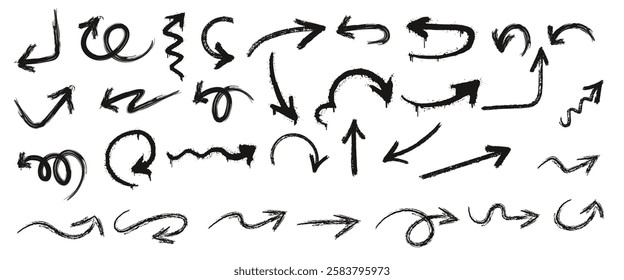 Charcoal arrows vector icons set. Hand drawn freehand different curved lines, swirls arrows. Doodle marker drawing, black chalk smears. Direction pointers.