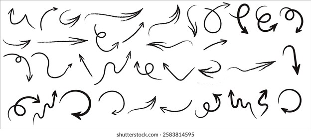 Charcoal arrows vector icons set. Hand drawn freehand different curved lines, swirls arrows. Doodle marker drawing, black chalk smears. Direction pointers. Scribbles and scrawls