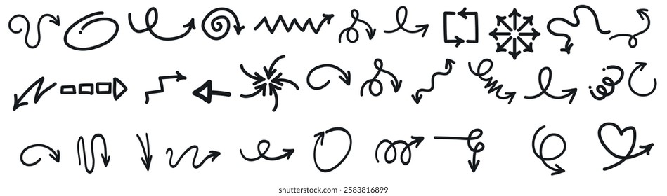 Charcoal arrows vector icons set. Hand drawn freehand different curved lines, swirls arrows. Doodle drawing.