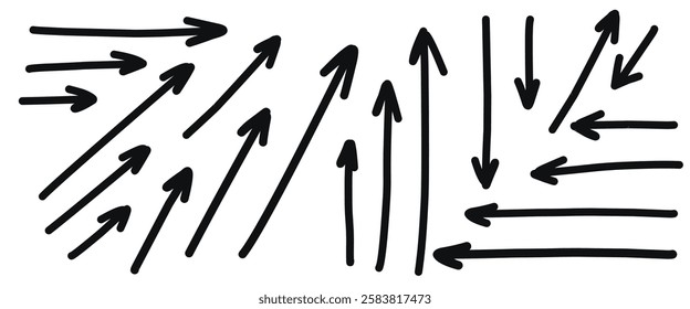 Charcoal arrows vector icons set. Hand drawn freehand different curved lines, swirls arrows. Doodle marker drawing, black chalk smears. Direction pointers. Scribbles and scrawls.
