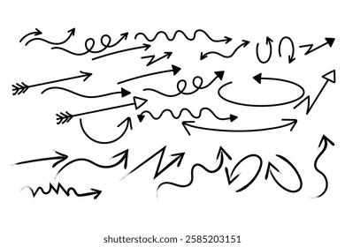 Charcoal arrows vector icons set. Hand drawn freehand different curved lines, swirls arrows. Doodle marker drawing, black chalk smears. Direction pointers. Scribbles and scrawls.