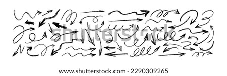 Charcoal arrows vector icons set. Hand drawn freehand different curved lines, swirls arrows. Doodle marker drawing, black chalk smears. Direction pointers. Scribbles and scrawls. [[stock_photo]] © 