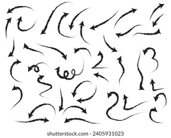 Juego de vectores de flechas de carbón vegetal. Vector de flecha dibujado a mano. Grupo de flecha con tiza. Indicadores de dirección. Vector de flecha Doodle. Ilustración vectorial. 