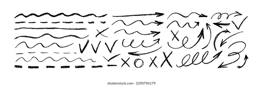 Charcoal arrows, wavy lines, crosses and check marks vector icons set. Hand drawn freehand different curved lines, swirls arrows. Thick charcoal drawing. Direction pointers. Scribbles and scrawls.