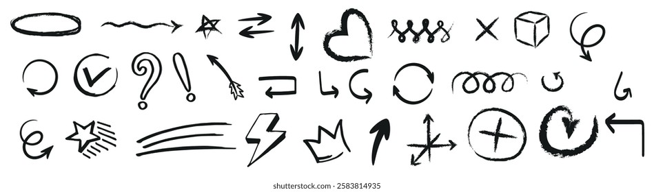 Charcoal arrows, wavy lines, crosses and check marks vector icons set. Hand drawn freehand different curved lines, swirls arrows. Thick charcoal drawing. Direction pointers. Scribbles and scrawls