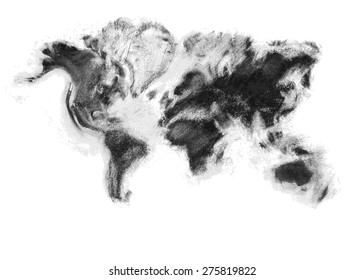 Charcoal artistic vector world map. The monochrome hand made design provides a fresh look over the world. Neatly stacked overlapping color shapes.