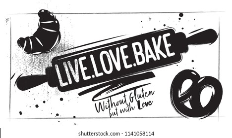 Charcoal bakery poster. Kitchen accessories for baking - rolling pin with lettering
