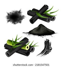 charcoal bamboo cosmetic realistic vector. dust coal, powder, stroke, black stone, carbon texture piece, ground particle, rock explosion charcoal bamboo cosmetic 3d isolated illustration