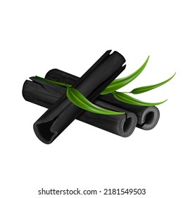 charcoal bamboo realistic vector. coat carbon, activated powder, black wood, natural green leaf, detox charcoal bamboo 3d isolated illustration