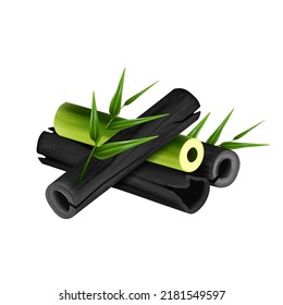 charcoal bamboo realistic vector. coat carbon, activated powder, black wood, natural green leaf, spa charcoal bamboo 3d isolated illustration