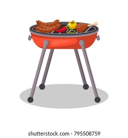 Charcoal barbecue grill with delicious food isolated icon. BBQ party, outdoor cooking equipment, restaurant menu element vector illustration.