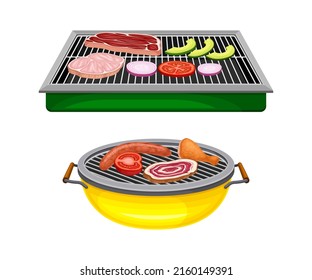 Charcoal barbecue grill with meat steaks and vegetables. Equipment for bbq cooking vector illustration