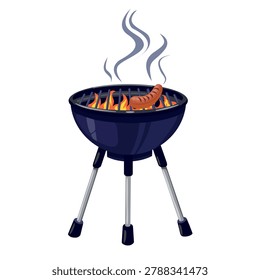 Charcoal BBQ grill with fire flames and grilled sausage vector illustration. Barbecue picnic icon