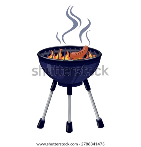 Charcoal BBQ grill with fire flames and grilled sausage vector illustration. Barbecue picnic icon