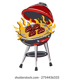 Charcoal BBQ grill with open lid, metal grate and steaks over flames. Charcoal BBQ grill in bold doodle style, grill vector illustration.