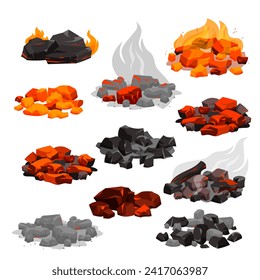 Charcoal black embers pile and hot rocks burn in fireplace with red bright flame, ash and smoke, burnt glowing stones bunch from grill oven cartoon vector illustration svg