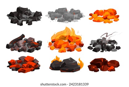 Charcoal black embers pile and hot rocks burn in fireplace with red bright flame, ash and smoke, burnt glowing stones bunch from grill oven cartoon vector illustration. Burning coal with fire