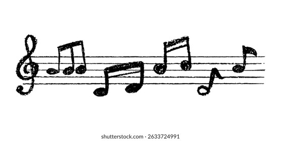 Charcoal black scribble music notation on blackboard. Handwritten pop design with notes and clean lines. Cute childish music school white pastel or wax pencil signs