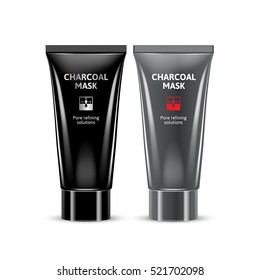 Charcoal Blackhead Remover Mask In Different Color Of Packages. Vector Illustration Of Realistic Packages For Charcoal Mask.