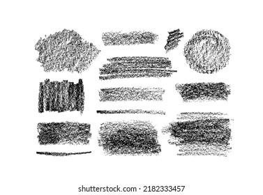 Charcoal bold vector smears set. Light soft texture of black charcoal pencil. Hand drawn scribble sketch banners. Collection of vector grungy graphite pencil wide strokes. Abstarct backgrounds