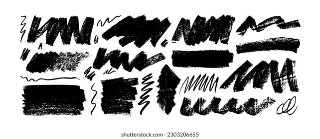Charcoal bold zigzag lines and scribbles. Brush drawn vector scratches, scribbles, bold various shapes. Childish drawing bold strokes. Grunge pen scratches collection, graffity style shapes.