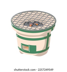 Charcoal brazier with charcoal. Japanese traditional culture. Vector illustration.