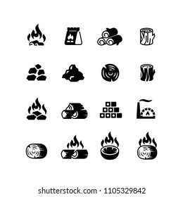 Charcoal, burning coal for barbecue vector isolated icons. Burn and flame, fuel wood in package illustration