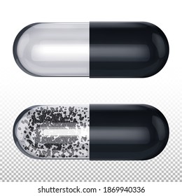 Charcoal capsules isolated on transparent background. Black medicine capsules. Medicine healthcare concept