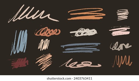 charcoal or chalk drawing pencil curly line set. Grunge pen scribbles collection. squiggles and shapes hand drawn . pencil lines and doodles vector. Rough crayon strokes