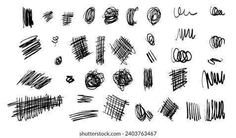 charcoal or chalk drawing pencil curly line set. Grunge pen scribbles collection. squiggles and shapes hand drawn . pencil lines and doodles vector. Rough crayon strokes