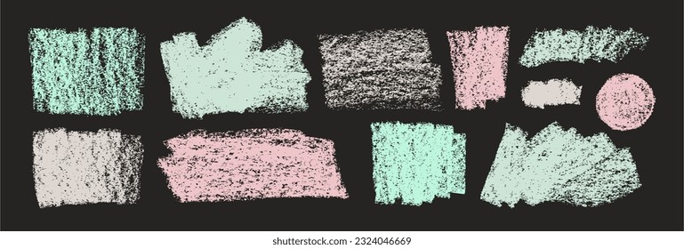 Charcoal or chalk drawn pastel colored wide abstract shapes. Hand drawn grunge vector rough shapes with pencil texture. Charcoal pencil scribble set. Grungy rough stains, thick chalk smears.