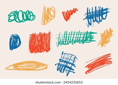 charcoal or chalk pencil curly line drawing set collection. Grunge pen scribbles. squiggles and shapes hand drawn. pencil lines and doodles vector. Rough crayon strokes