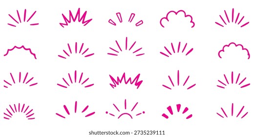 Chispa de tiza de carbón y conjunto de rayos de sol. Las líneas de centelleo de efecto cómico y las estrellas de garabato crean chispas. El elemento gráfico con haz dinámico aporta energía caprichosa al proyecto creativo. Fuegos artificiales de Vector aislados. 