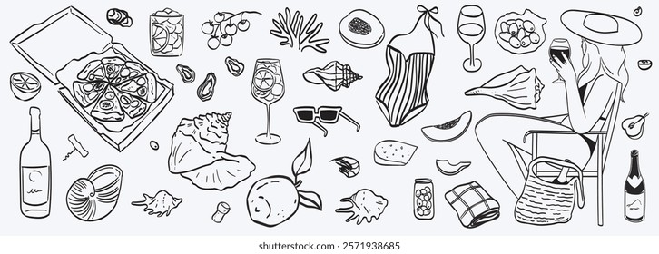 Charcoal chalk style vector illustrations summer set. Creative summertime ink hand drawn design elements. Seaside collection for invitations, posters, placards. Breakfast in sea cafe or restaurant.