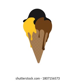 Charcoal, Chocolate and Mango ice cream in brown waffle cone in white background
