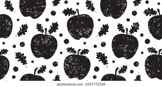 Holzkohle Weihnachtsapfel nahtloses Muster, süße Frucht mit Blatt grunge Hintergrund, schwarze Feiertagskreide Dekoration Neujahr. Süße Weihnachten Kind Kreide Print. Wintertinte, Vektorgrafik