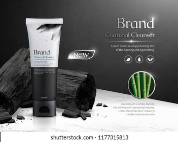 Charcoal cleanser commercial ads with carbon on marble stone table in 3d illustration