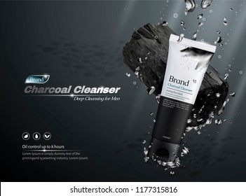 Charcoal cleanser commercial ads, product and ingredients dropping into water in 3d illustration