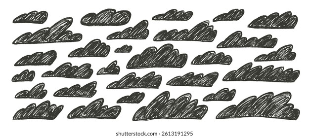 Charcoal clouds set. Naive hand drawn sky pack. Kids chalk textured weather elements. Pastel scribble clouds bubble. balloons. Vector wax pencil drawn collection illustration on white background.