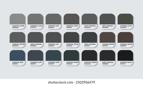 Charcoal Color Palette, Charcoal Black Color Guide Palette with Color Names. Catalog Samples of Charcoal colors with RGB HEX codes. cladding sheet Ash Gray colour, Fashion Trend Charcoal Color Palette