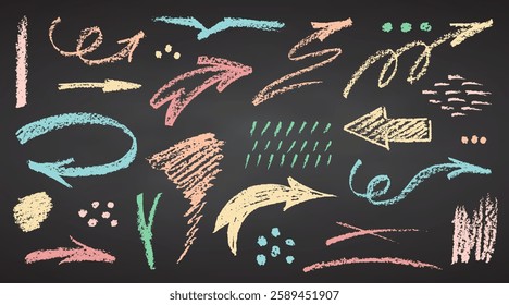 Charcoal color pastel pencil hand drawing curly arrows. White elements on chalkboard Grunge chalk crayon doodles textures Swishes swashes swoops swooshes, scribbles and squiggles Vector illustration