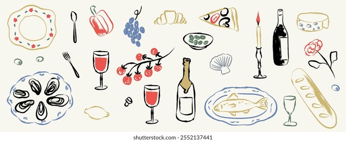 Carvão ou giz de cera colorido, garrafas de vinho e vidro, queijo, tomate, pizza e ostras. Ilustração do vetor de alimentos e bebidas vintage. Cartaz, cartaz ou menu de esboço vintage gravado desenhado à mão